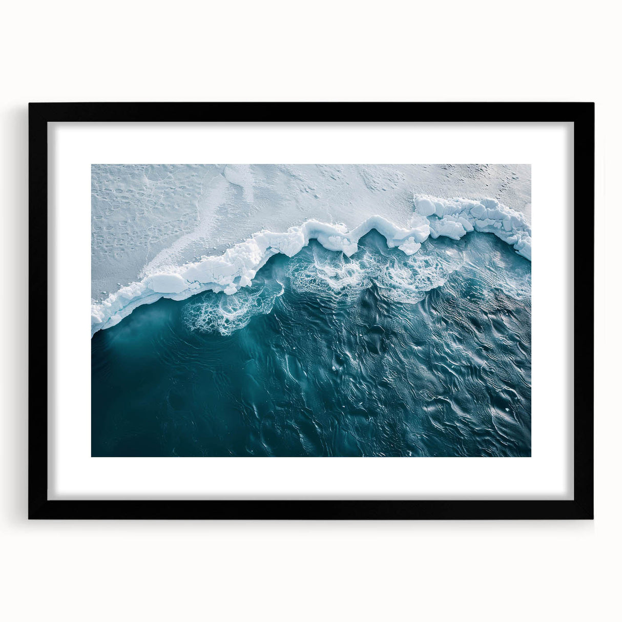Framed wall art featuring a stunning iceberg landscape design with a black mat and sleek frame, ideal for modern home decor. Perfect for adding a touch of nature to any room.