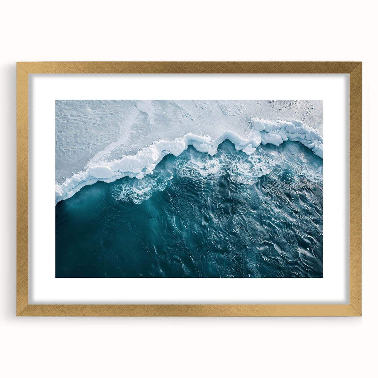 Framed wall art featuring a stunning iceberg landscape design with a gold mat, showcasing intricate details and vibrant colors for an elegant home decor accent.