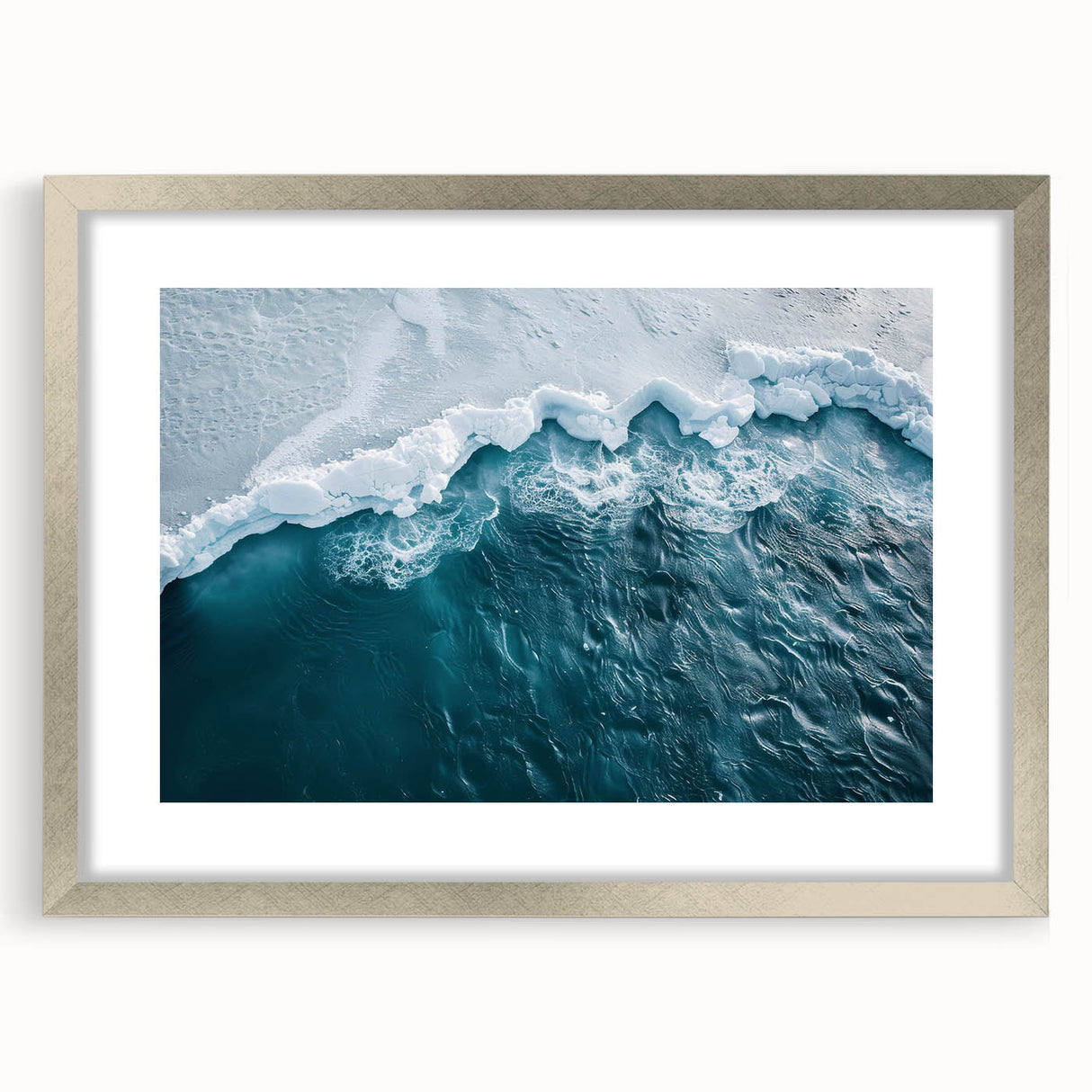 Framed wall art featuring a stunning iceberg landscape design with a silver mat. The piece showcases vibrant blues and whites, perfect for modern home decor.