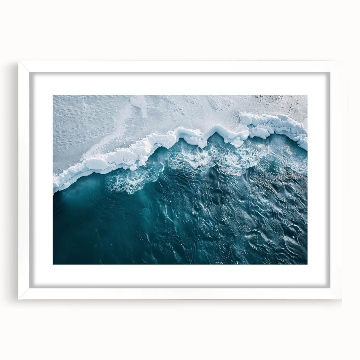 Framed wall art featuring a stunning iceberg landscape design, set in a white mat and frame, perfect for modern home decor. Ideal for adding a serene touch to living spaces.