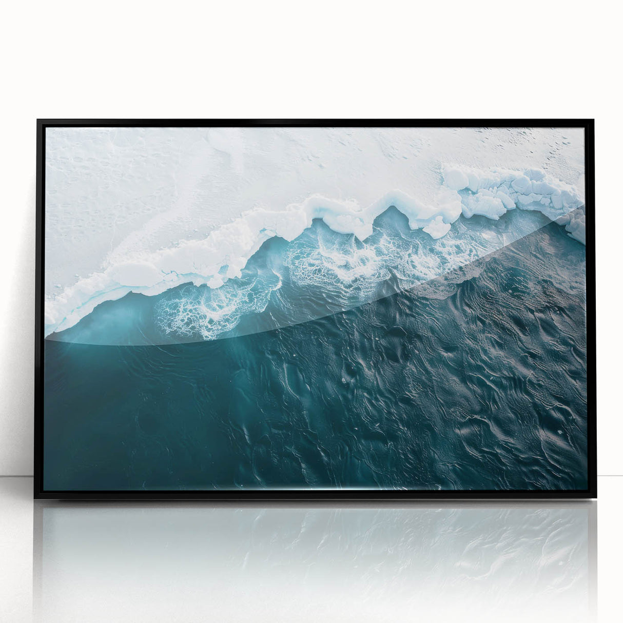 Black-framed acrylic artwork showcasing a stunning iceberg landscape design, perfect for modern home decor. Ideal for adding a touch of elegance to any room.