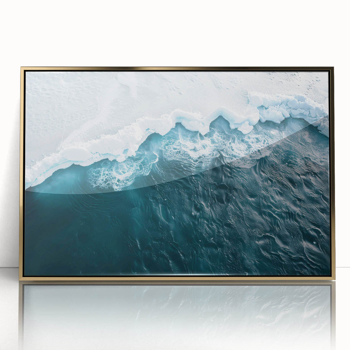 Framed acrylic wall art showcasing a vibrant iceberg landscape design with gold accents, perfect for modern home decor. The artwork captures serene colors and intricate details, bringing a touch of nature indoors.