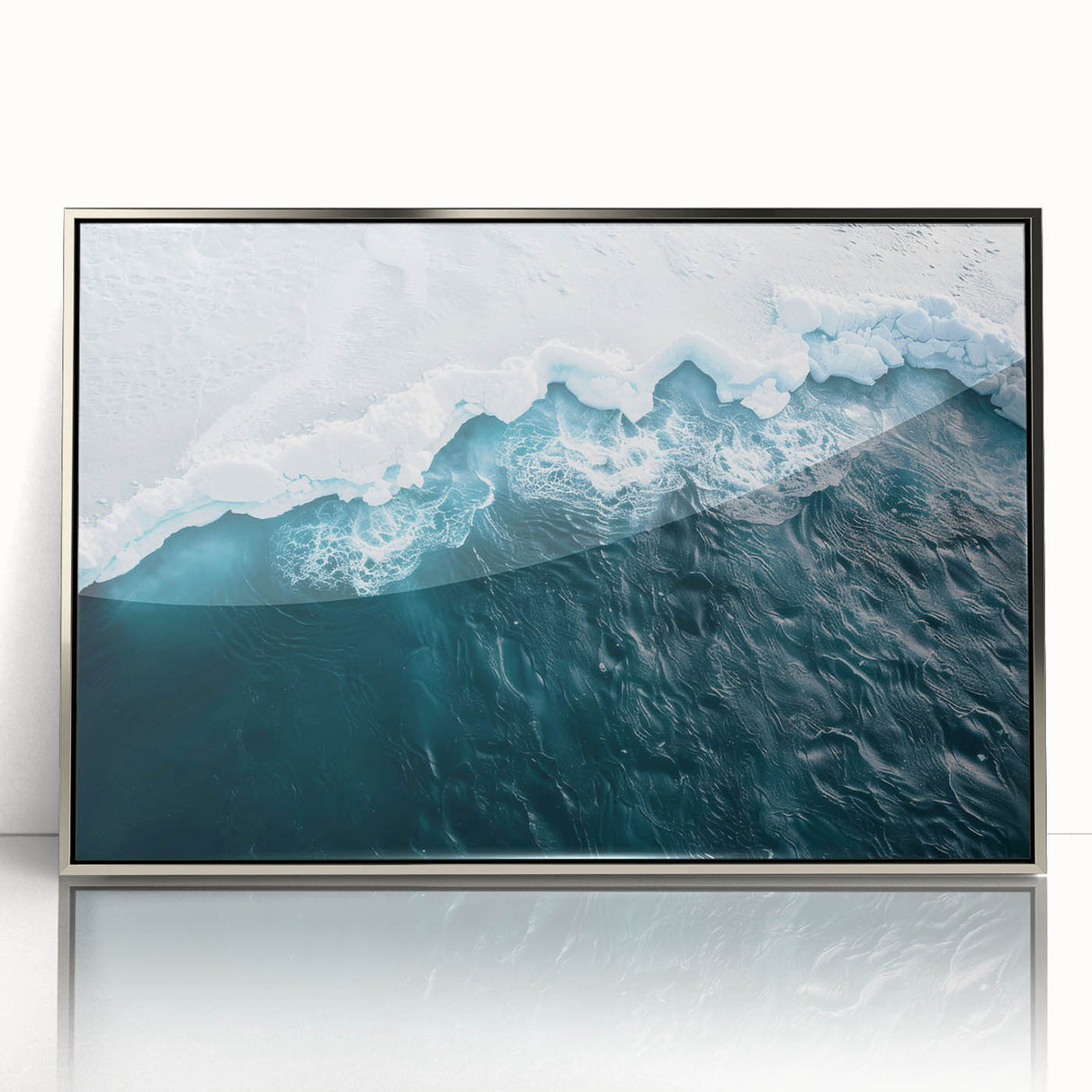 Framed acrylic wall art showcasing a stunning iceberg landscape design in silver tones, perfect for modern home decor or office spaces, enhancing any interior with its serene beauty.