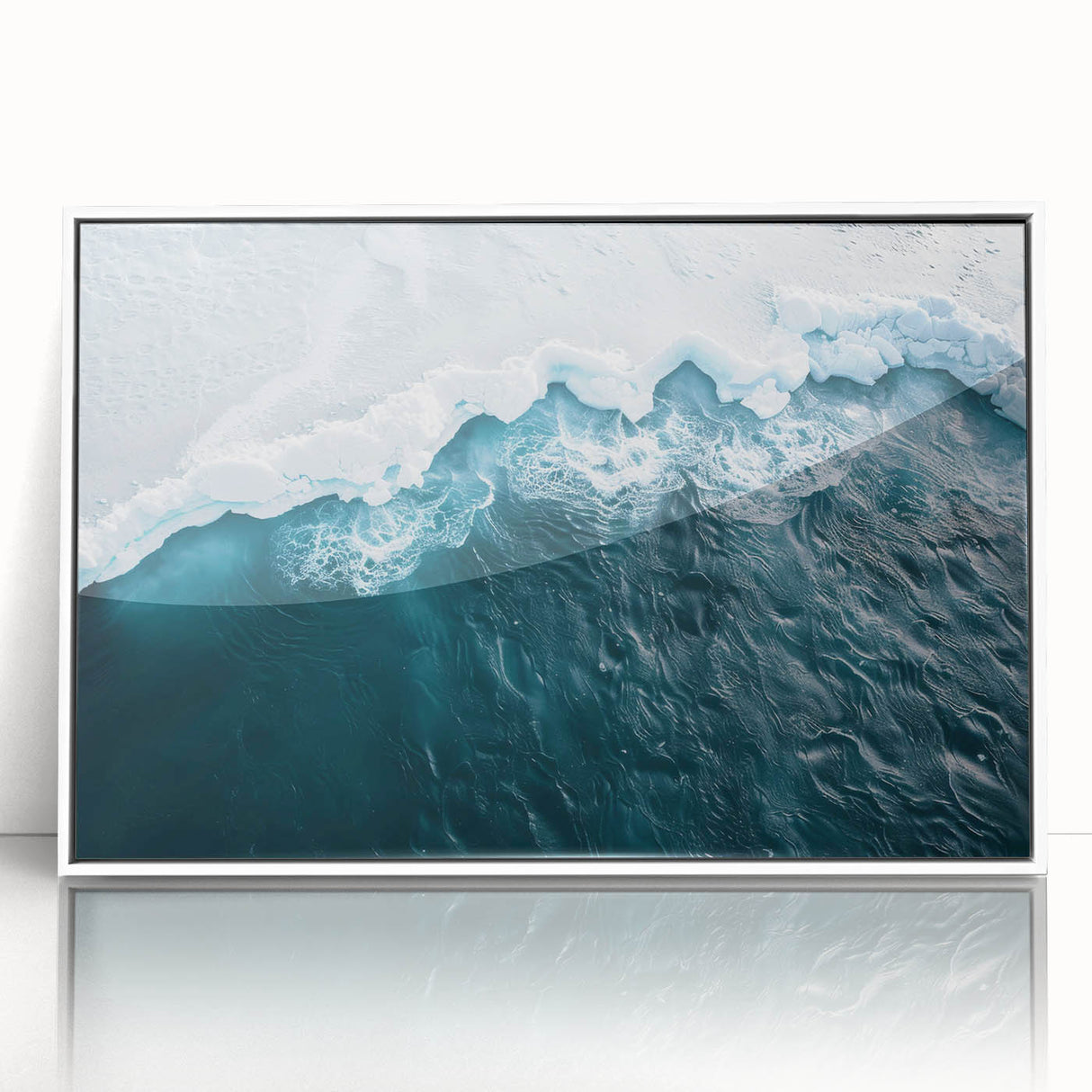 Framed acrylic wall art showcasing a stunning iceberg landscape, featuring cool blue tones and intricate details, ideal for modern home decor.
