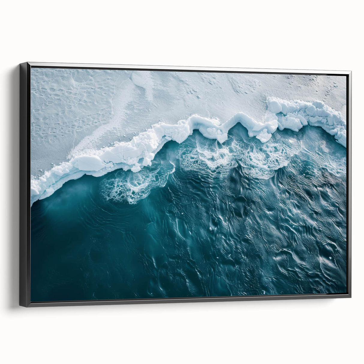 Framed canvas wall art showcasing an iceberg landscape design, featuring a sleek black frame and side view perspective, perfect for modern home decor.