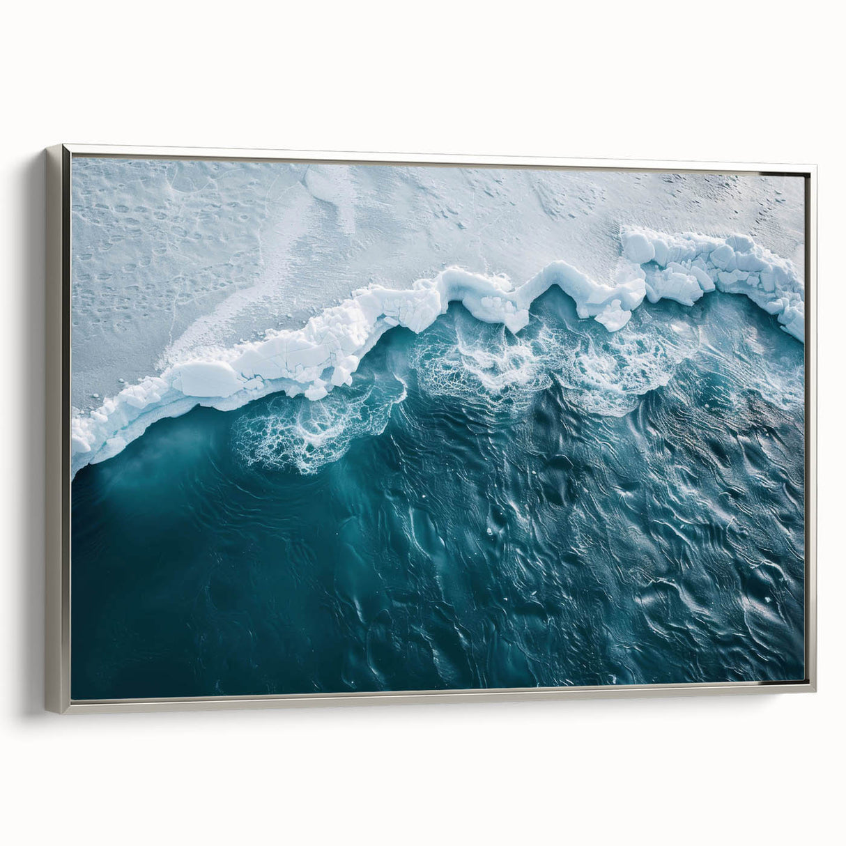 Framed canvas wall art showcasing a serene iceberg landscape design, with a silver frame that enhances its modern aesthetic. Perfect for contemporary home decor.
