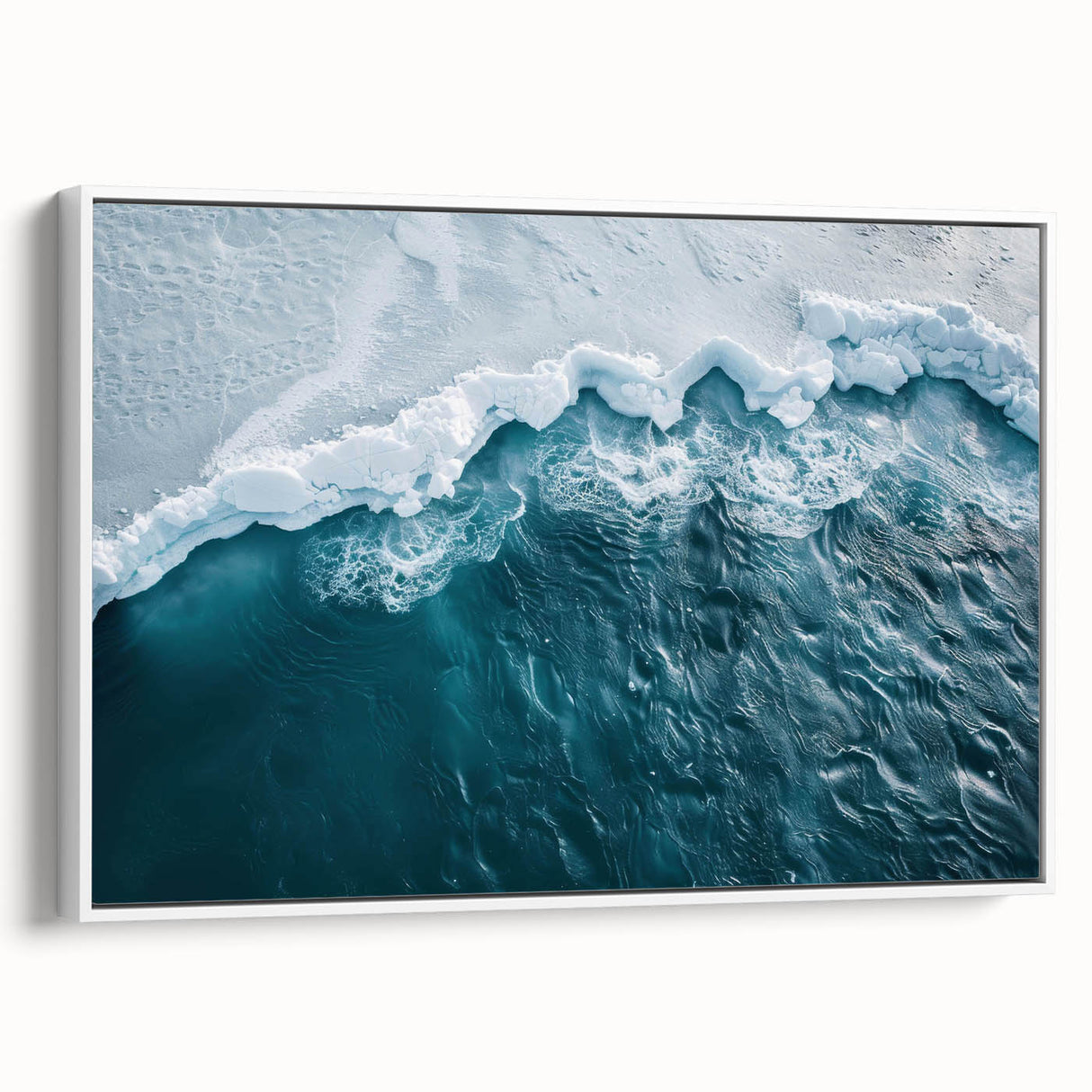 Framed canvas wall art featuring a modern iceberg landscape design with a white border, showcasing cool blue and icy tones, perfect for contemporary decor.