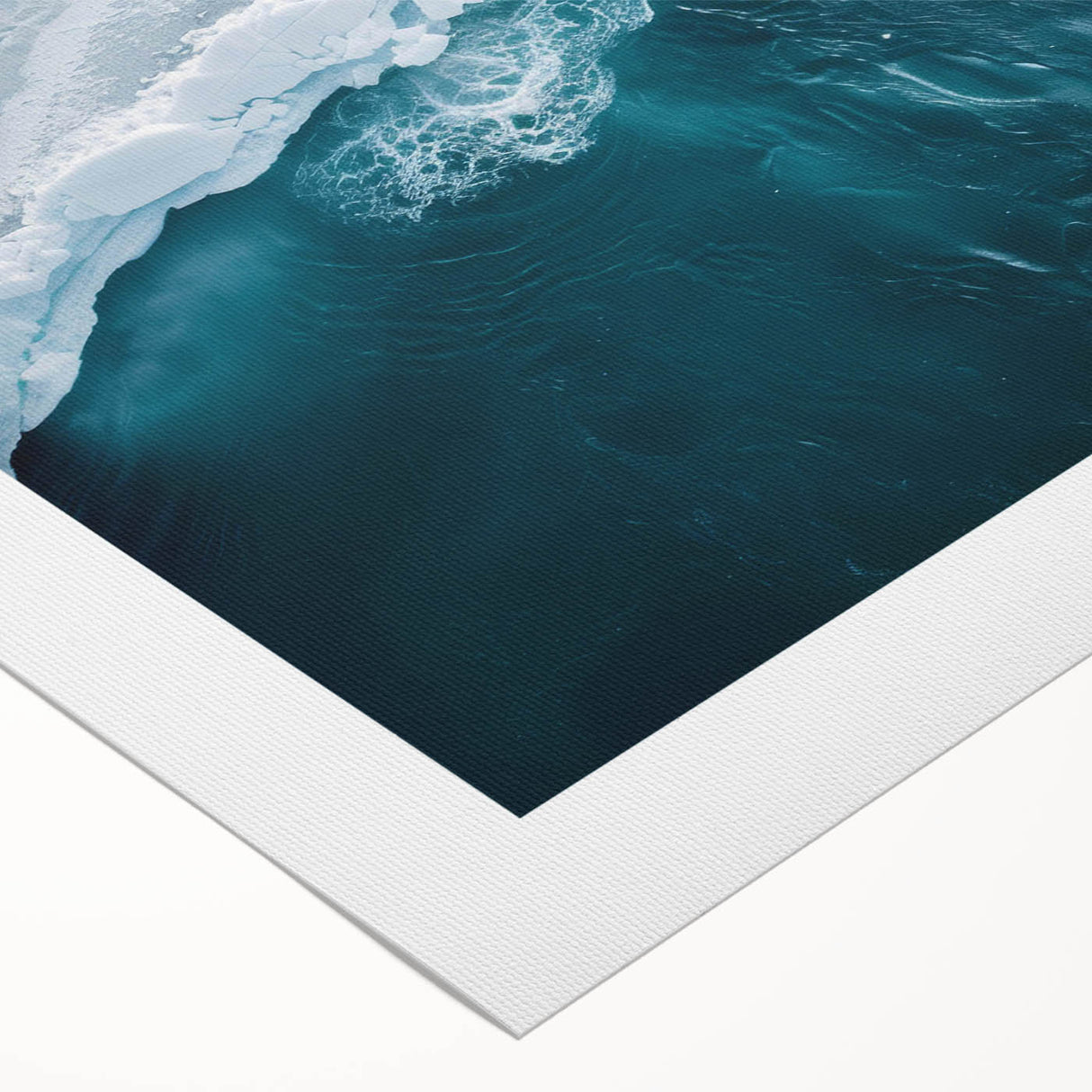 Stunning rolled canvas artwork showcasing a vibrant iceberg landscape design with shades of blue and white, perfect for modern home decor.