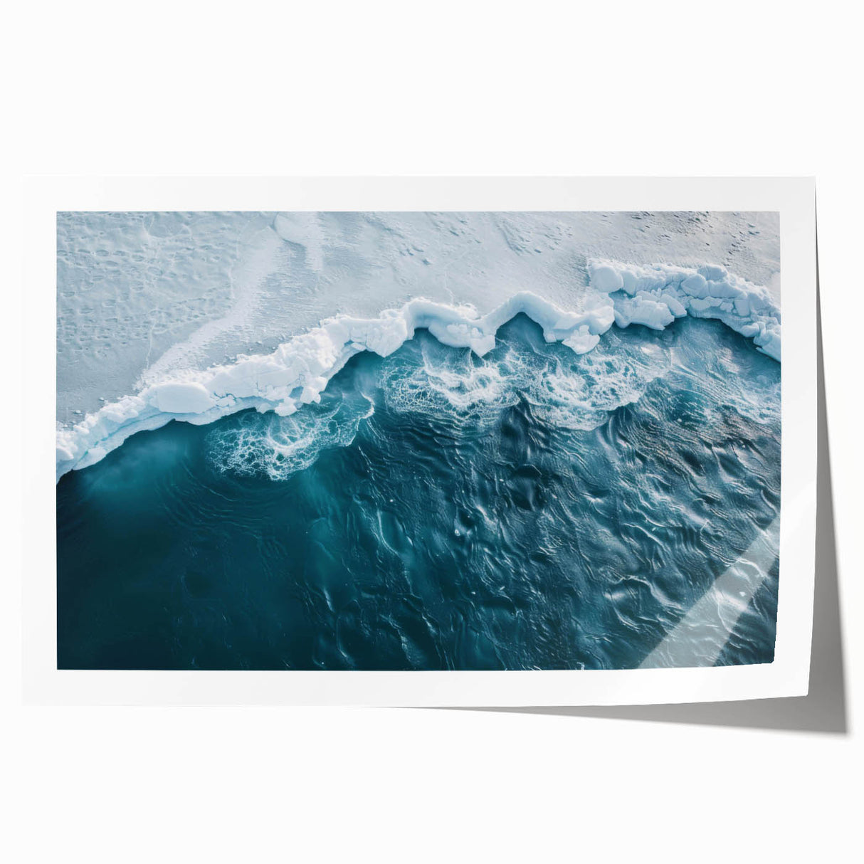 Stunning iceberg landscape wall art print showcasing vibrant blues and whites, perfect for home decor. Rolled and securely packaged for easy display.