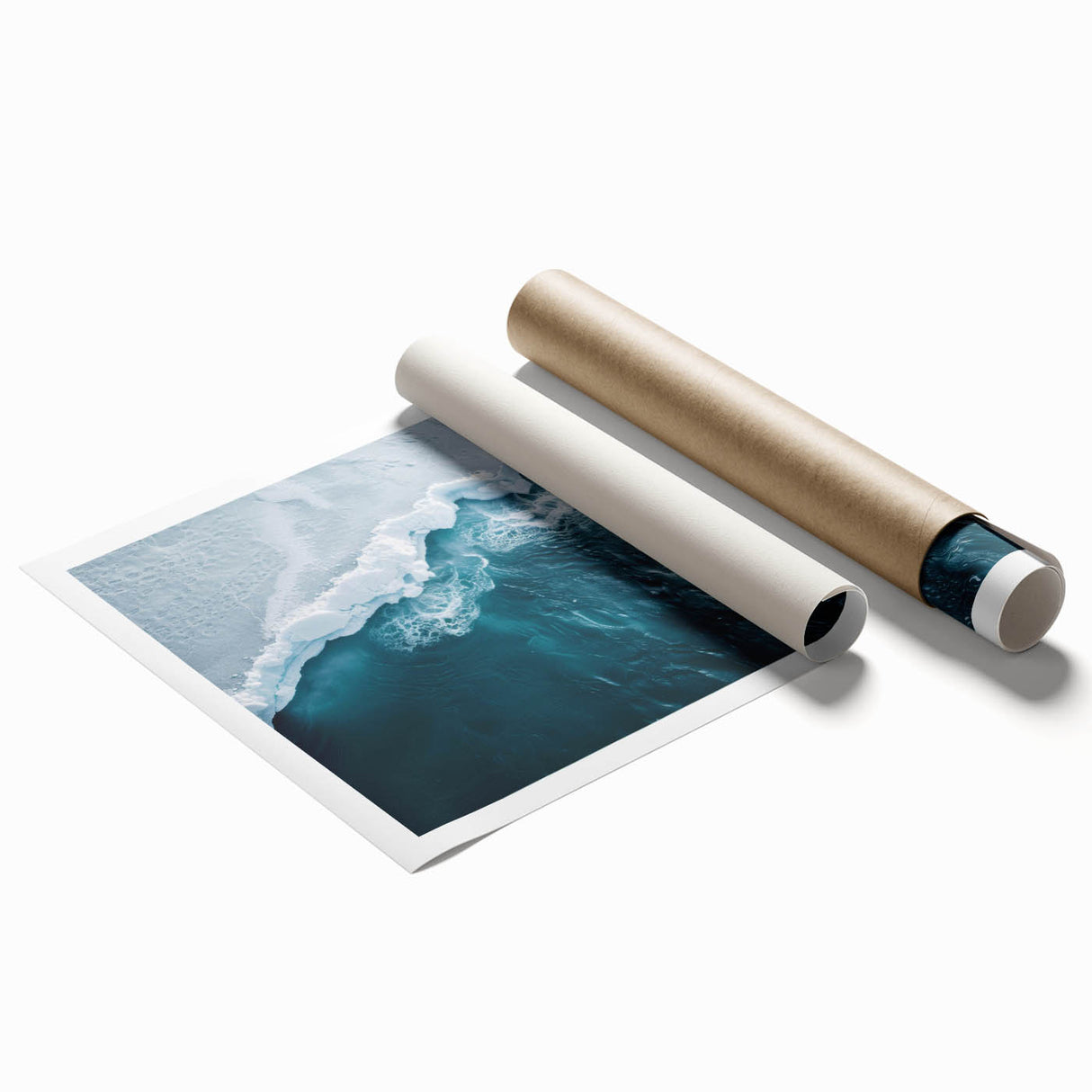 Vibrant rolled print showcasing a stunning iceberg landscape in cool blue and white tones, ideal for modern home decor, delivered in a protective tube.