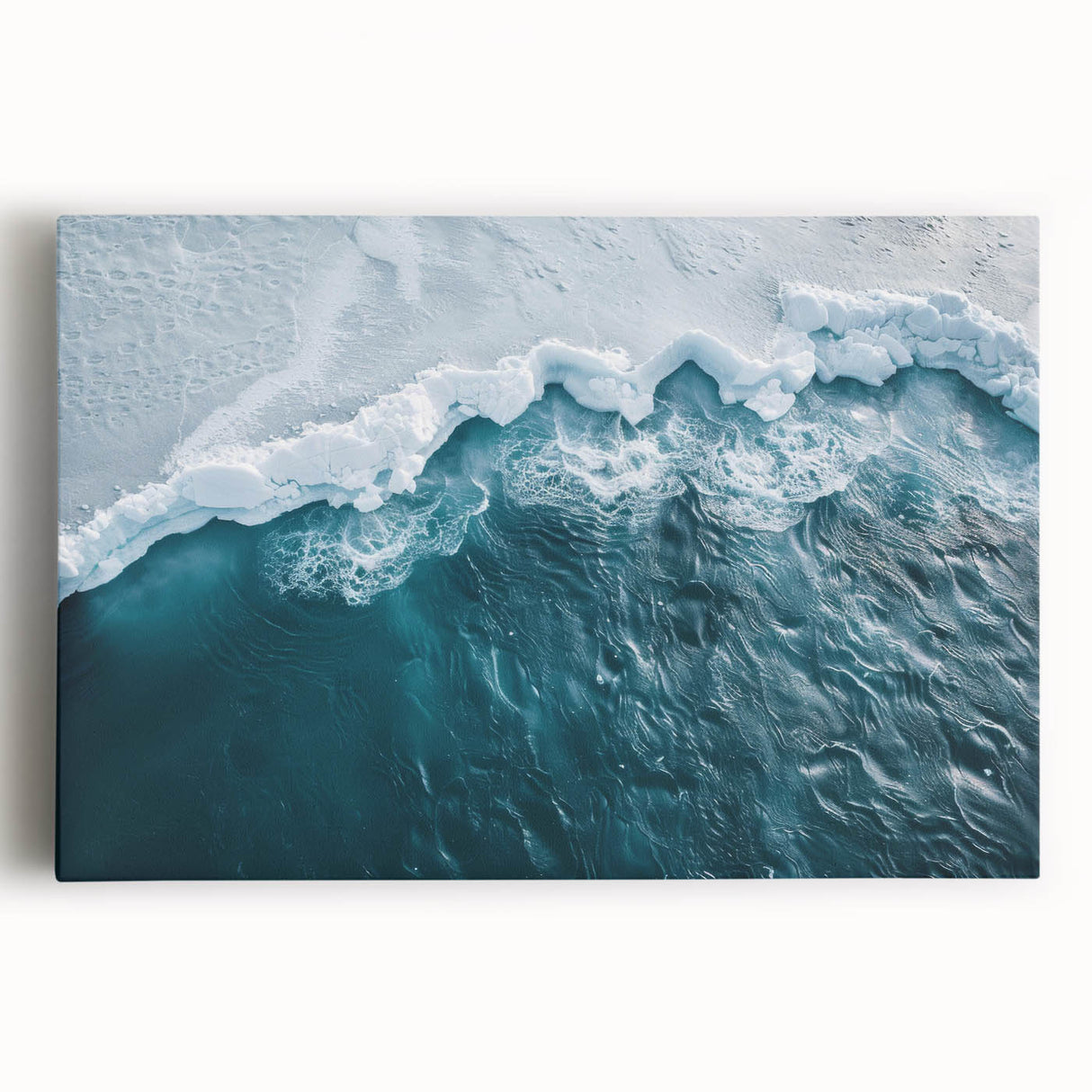 Stretched canvas wall art featuring a striking iceberg landscape design in soft blue and white tones, ideal for modern home decor, showcasing serene natural beauty.