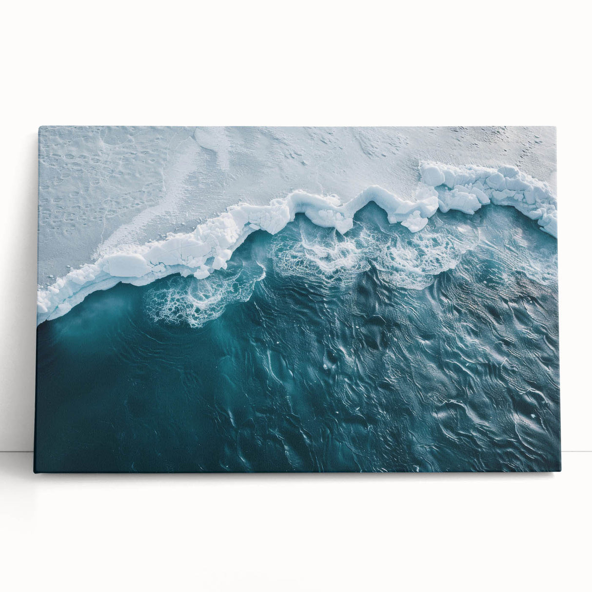 Stretched canvas wall art featuring a serene iceberg landscape design, showcasing cool blue and white tones, perfect for modern home decor.