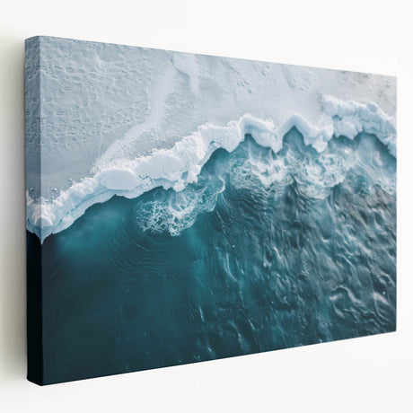 Side view of a stretched canvas art piece showcasing a stunning iceberg landscape design, featuring cool blue tones and intricate details, perfect for home decor.