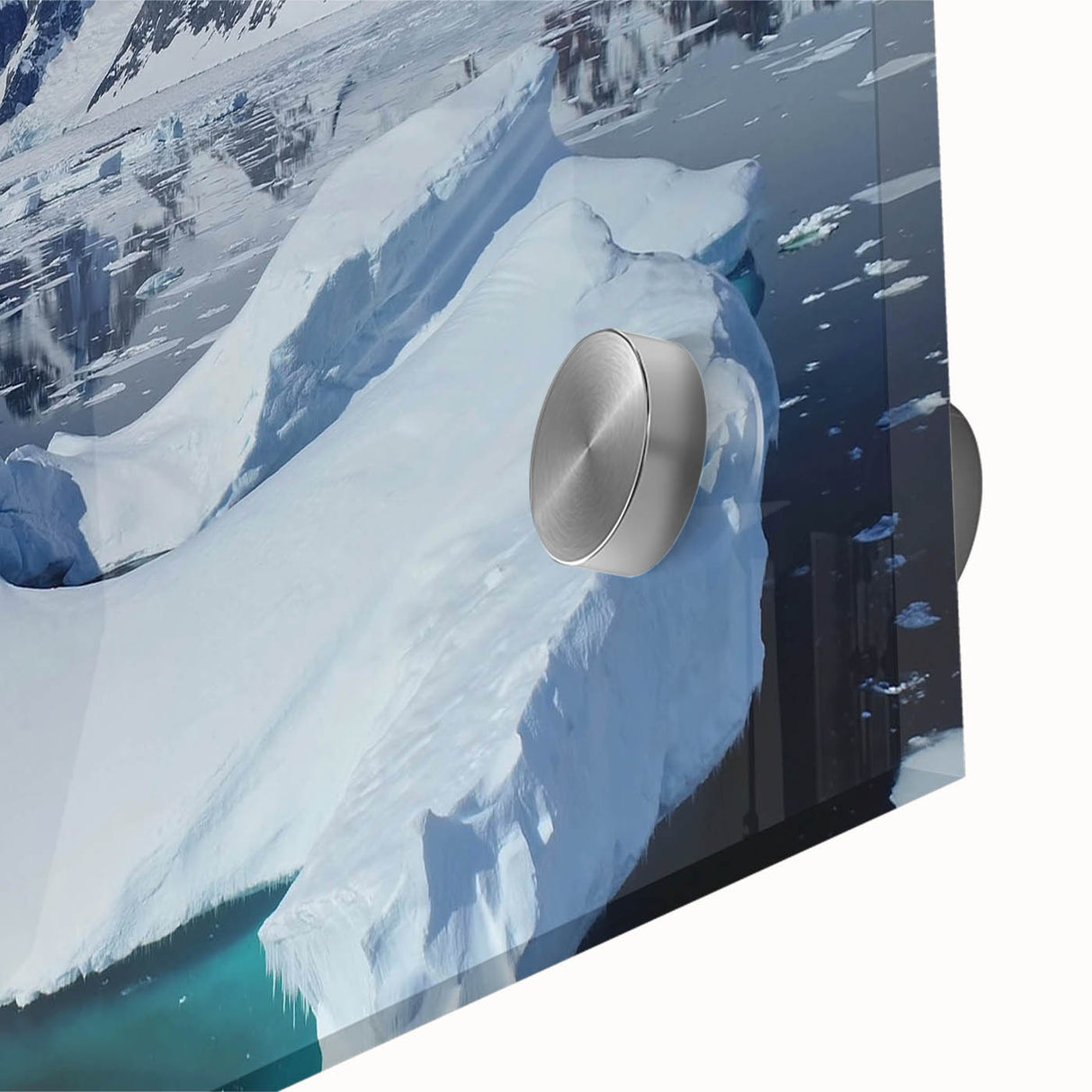Close-up view of a stunning acrylic glass wall art piece featuring an intricate iceberg design, showcasing vibrant colors and unique textures, perfect for modern decor.
