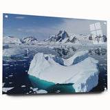 Acrylic glass wall art featuring a stunning iceberg landscape design, showcasing vibrant colors and intricate details, elegantly displayed with metal pins for a modern touch.