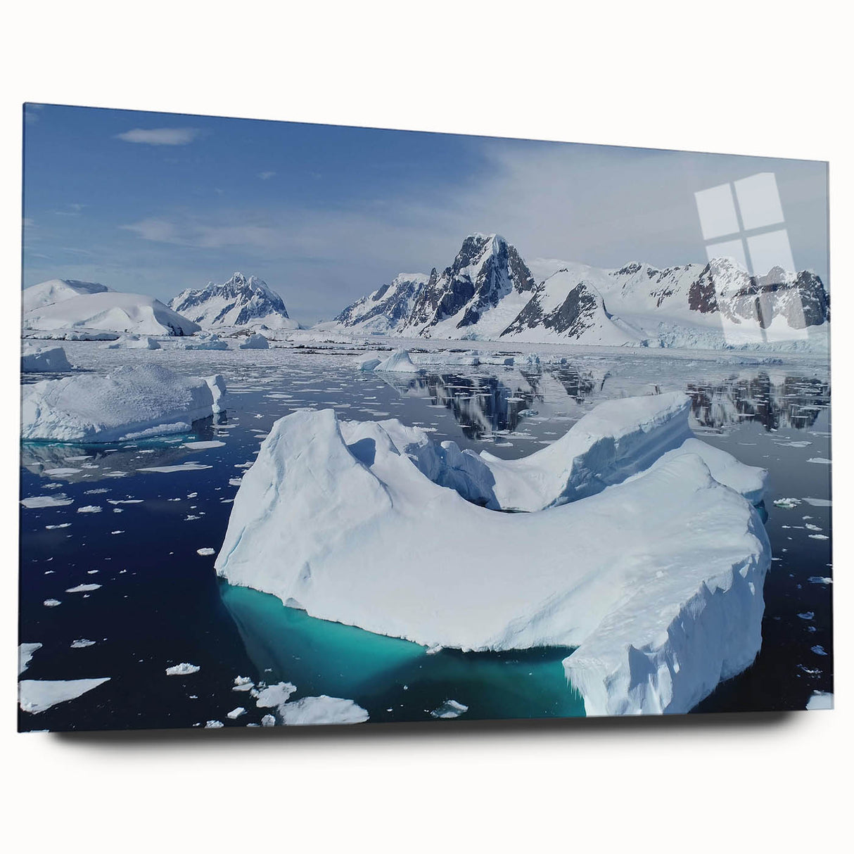 Acrylic glass wall art showcasing a stunning iceberg landscape design, featuring vibrant blue and white tones, viewed from the side without pins, perfect for modern decor.