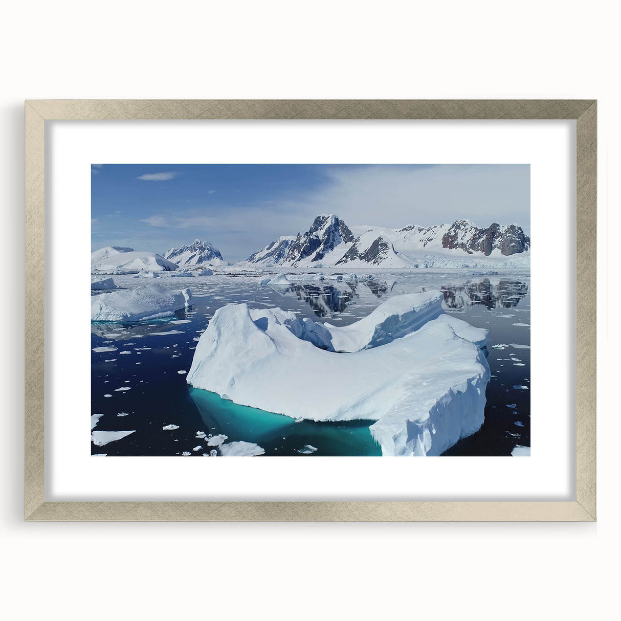 Framed wall art featuring a stunning iceberg landscape design, elegantly matted, set in a sleek silver frame, perfect for modern home decor.