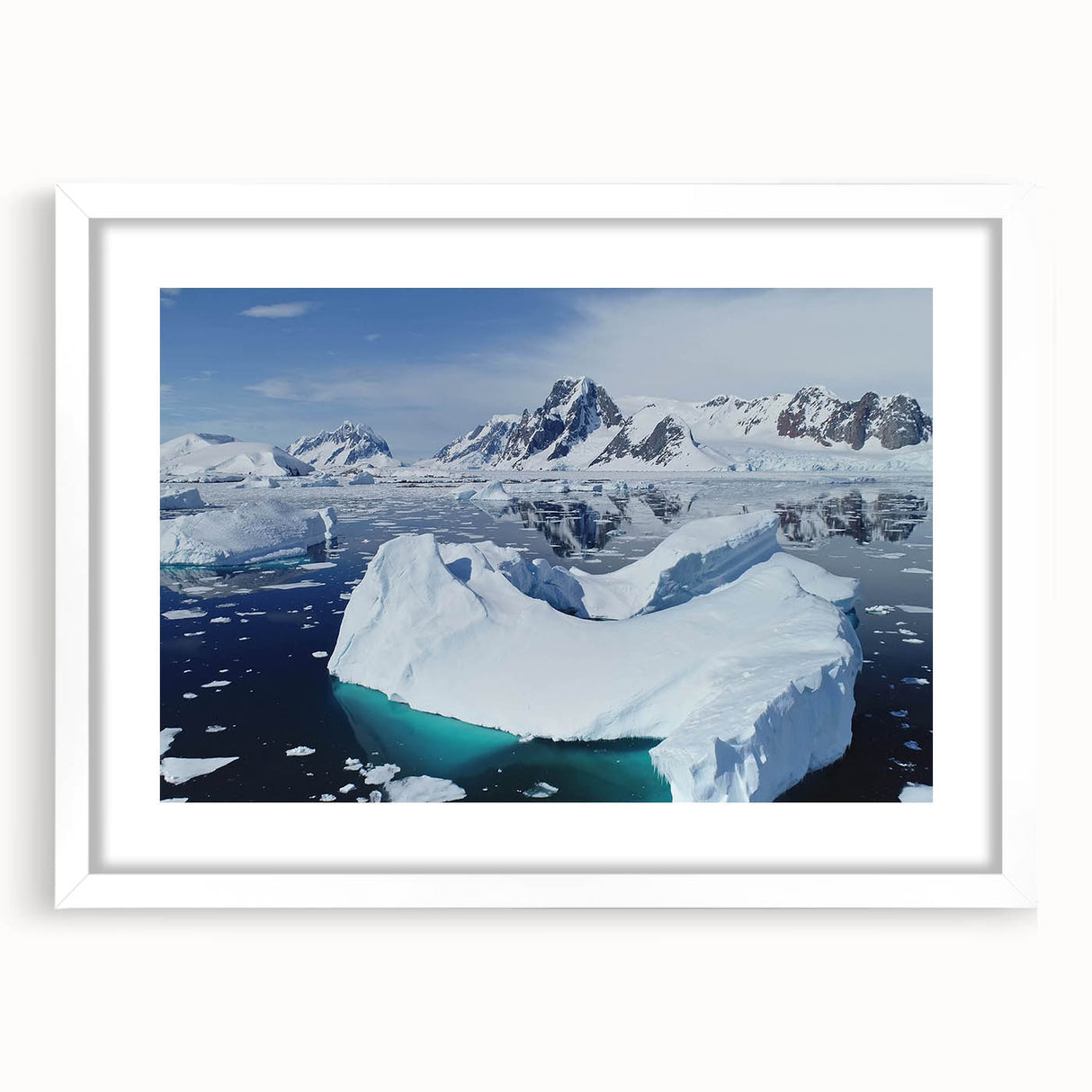 Framed landscape wall art featuring a stunning iceberg design with a white mat, showcasing a modern aesthetic perfect for home decor, available from a premium collection.