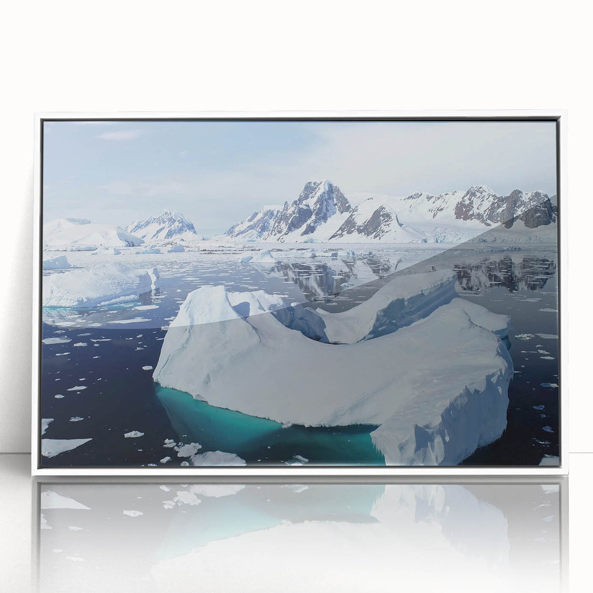 Framed acrylic wall art featuring a stunning iceberg landscape design, showcasing vibrant blues and whites, perfect for modern home decor.