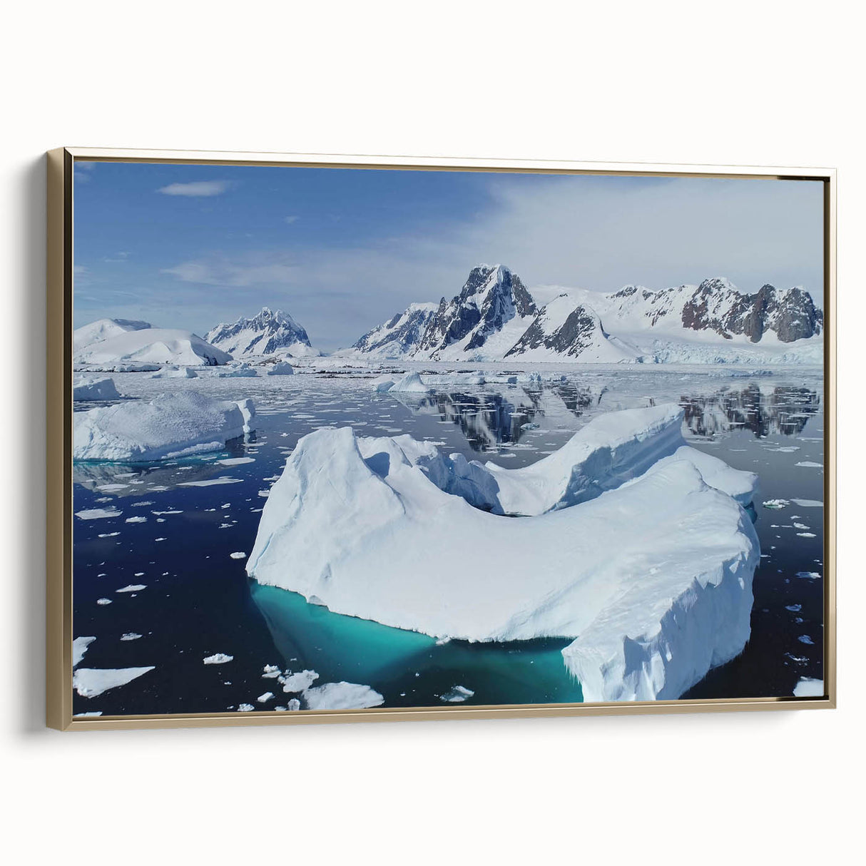 Framed canvas wall art showcasing a stunning iceberg landscape design with gold accents, perfect for modern decor. Ideal for enhancing living spaces with a touch of elegance.