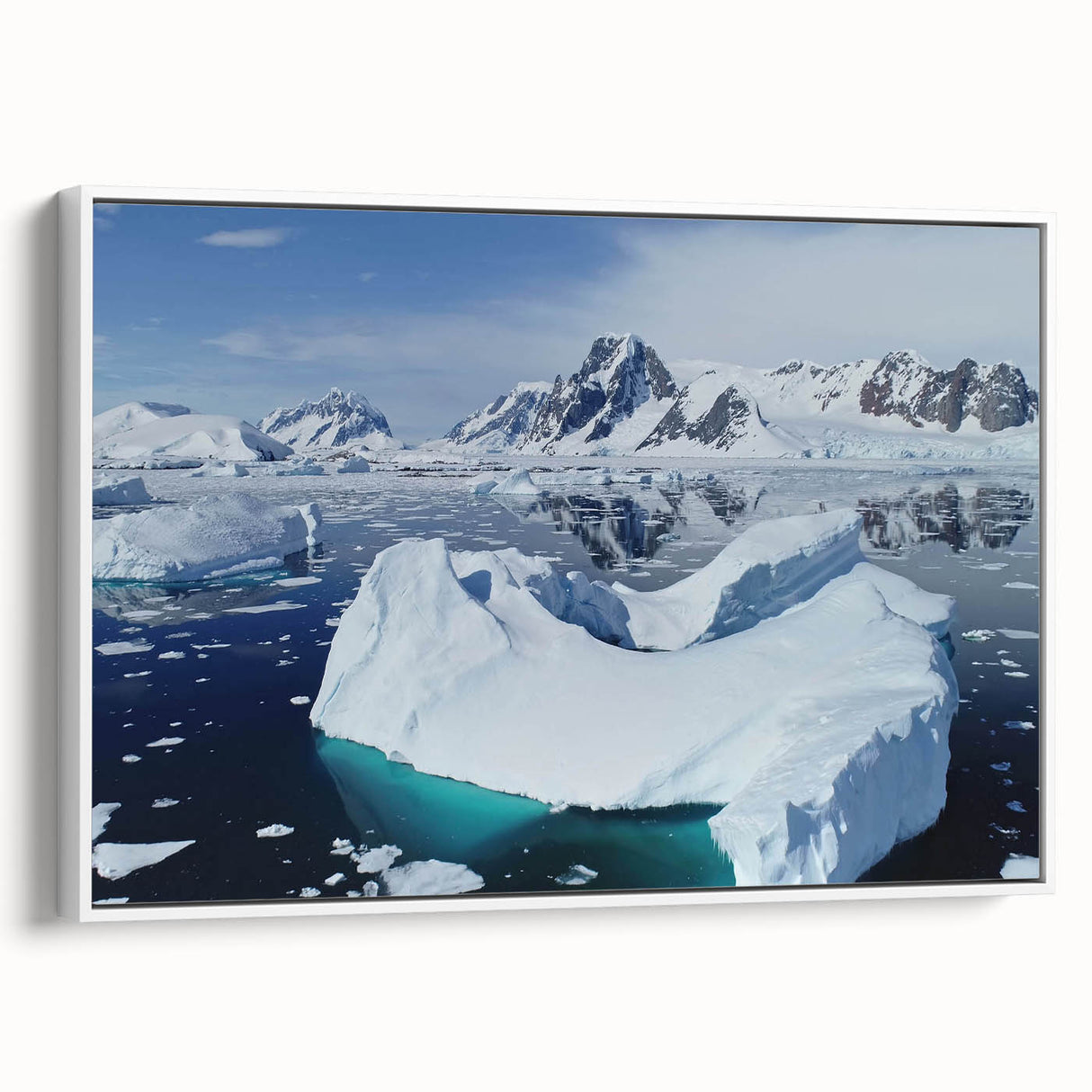Framed canvas wall art featuring a serene iceberg landscape design, showcasing cool blues and whites, perfect for modern home decor and adding a touch of tranquility.
