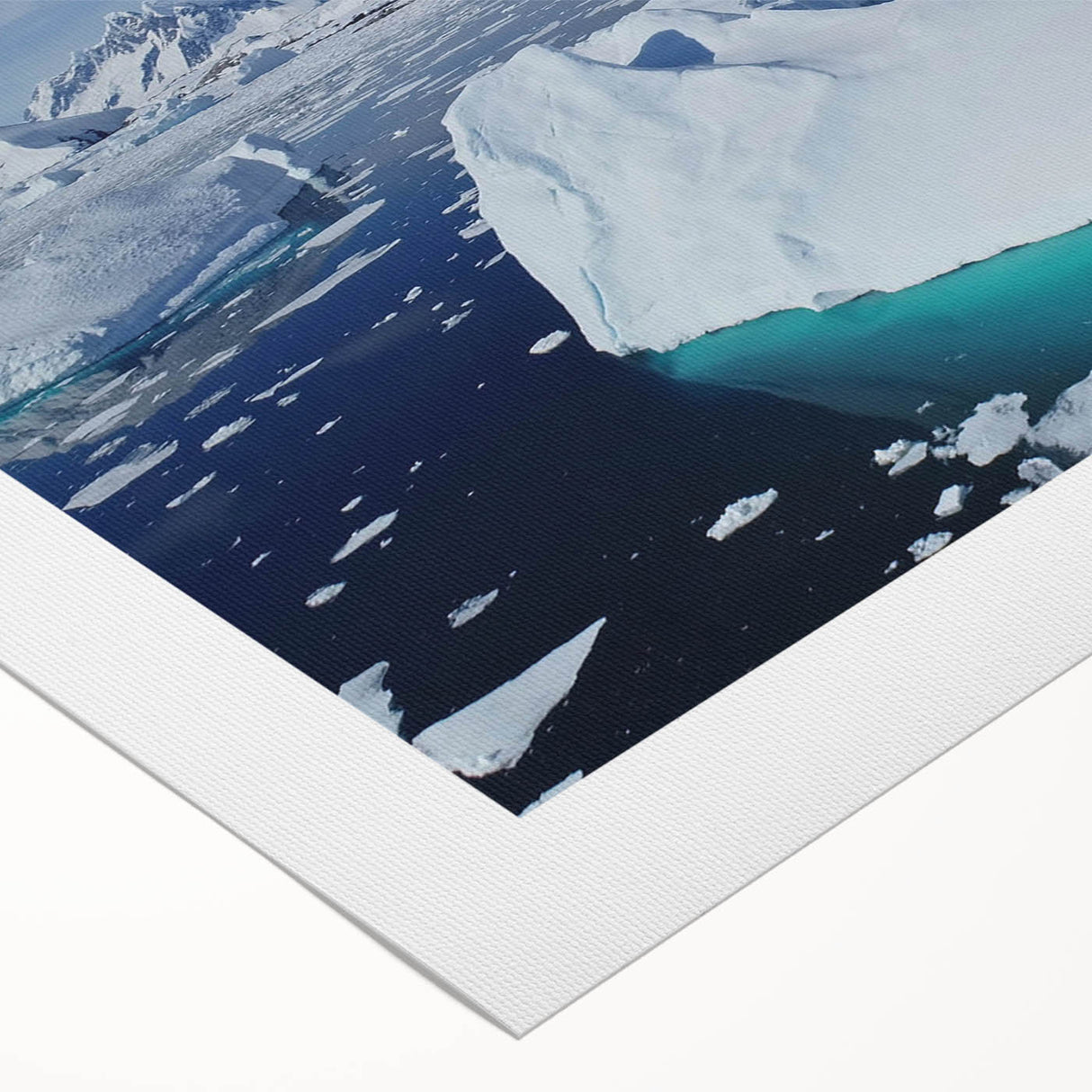 Vibrant rolled canvas wall art showcasing a stunning iceberg landscape design, featuring icy blues and whites, perfect for modern home decor.