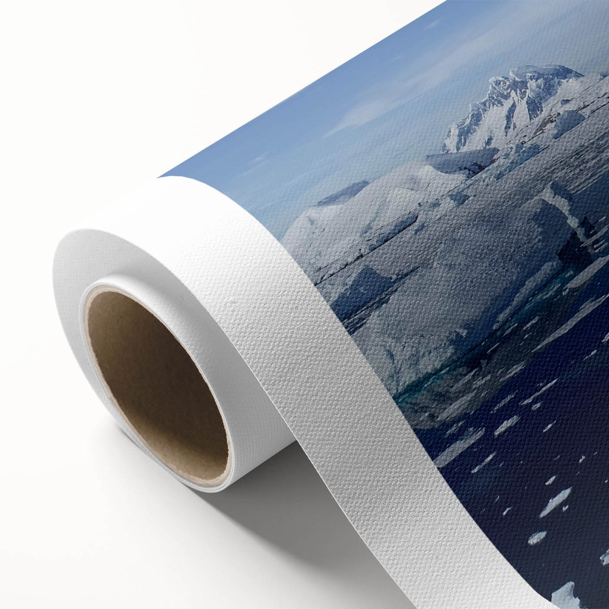 Rolled canvas showcasing a stunning iceberg landscape design in cool blue tones, perfect for enhancing modern home decor. Features intricate details and textures.
