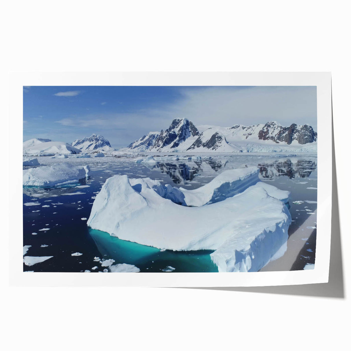 Abstract iceberg landscape wall art print showcasing vibrant blue and white hues, ideal for modern home decor, rolled and ready for framing.