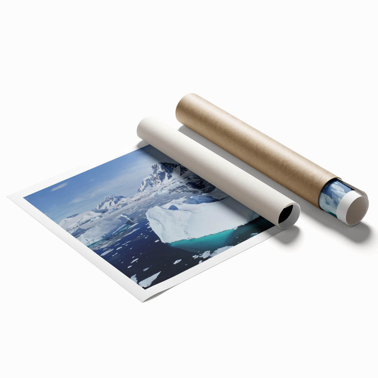 Vibrant rolled print of a stunning iceberg landscape design, featuring shades of blue and white, ideal for modern home decor, elegantly packaged for delivery.