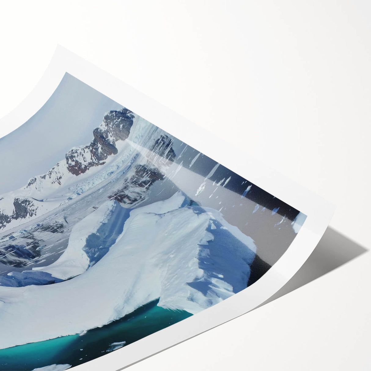 Abstract wall art print featuring a stunning iceberg landscape design, showcasing icy blue hues and intricate details, rolled and ready for display in a stylish home decor setting. Ideal for enhancing modern interiors with a touch of nature-inspired elegance.