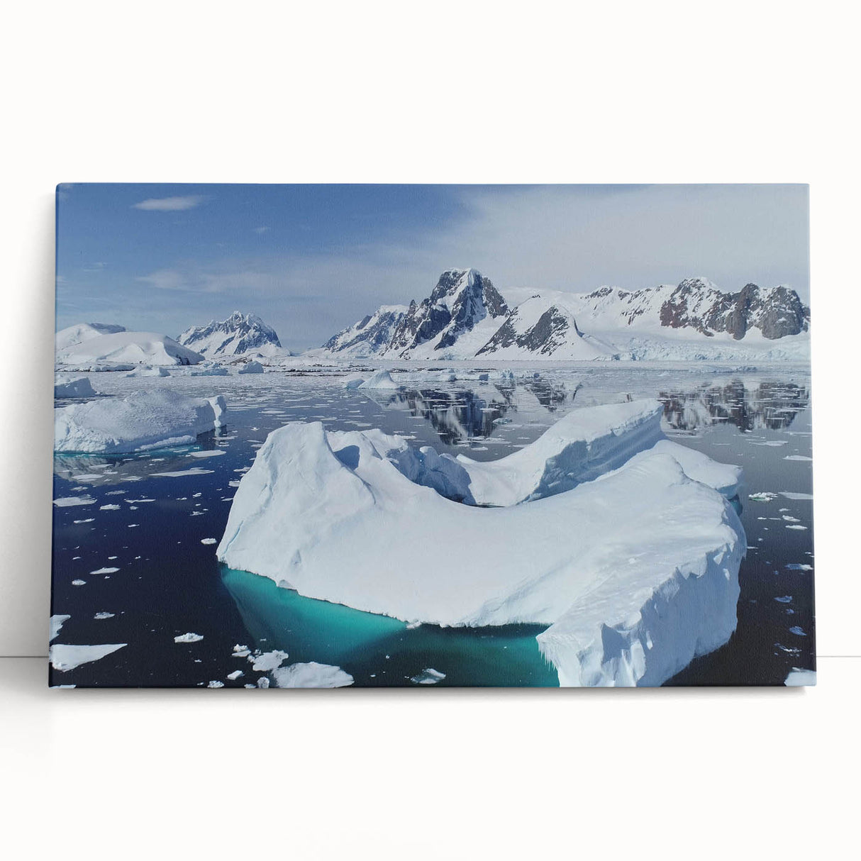 Stretched canvas wall art showcasing a vibrant iceberg landscape design, featuring cool blues and whites, ideal for modern home decor and adding a serene touch to any room.