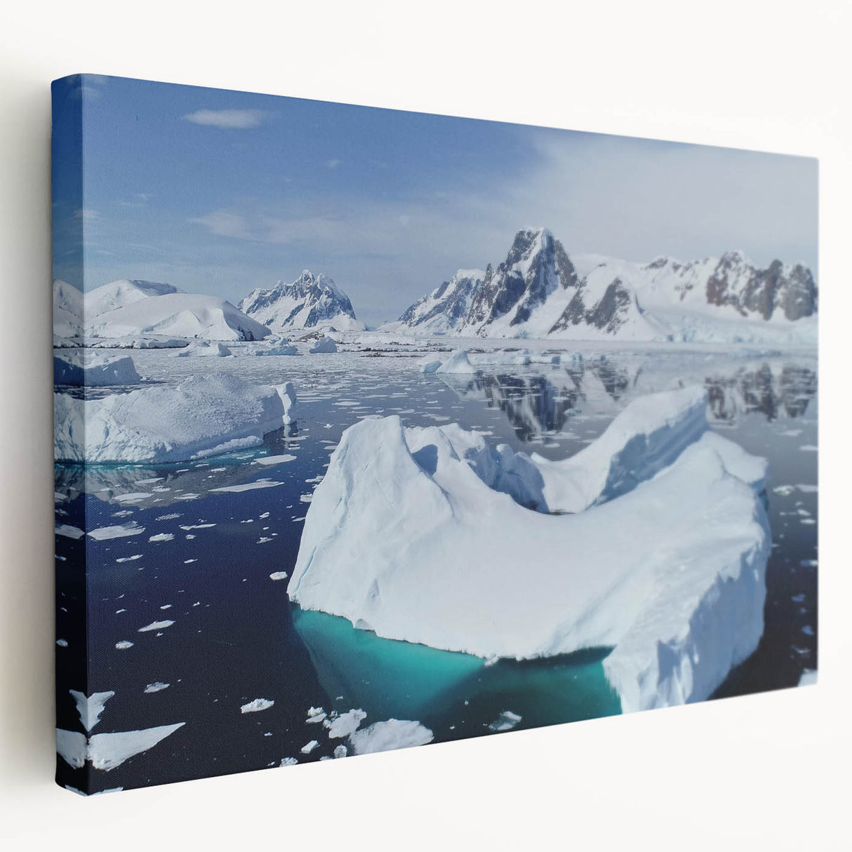 Stretched canvas wall art showcasing a vibrant iceberg design in a serene landscape, featuring cool blue hues and crisp details, ideal for modern decor.