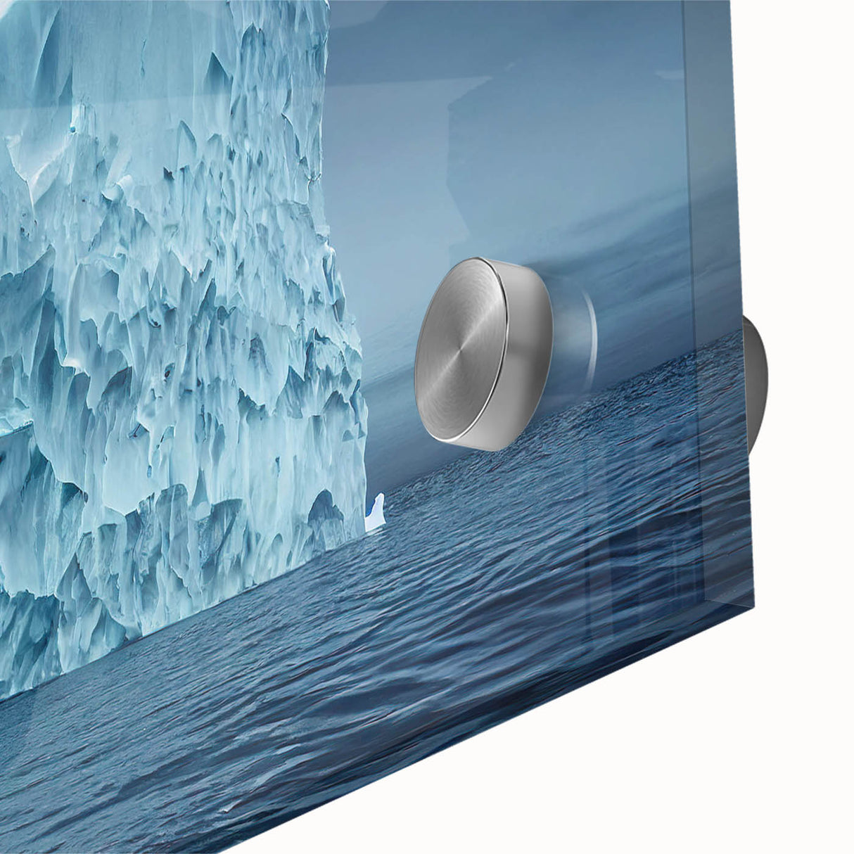 Close-up of an acrylic wall art piece showcasing a vibrant iceberg landscape design with intricate details, perfect for modern home decor.