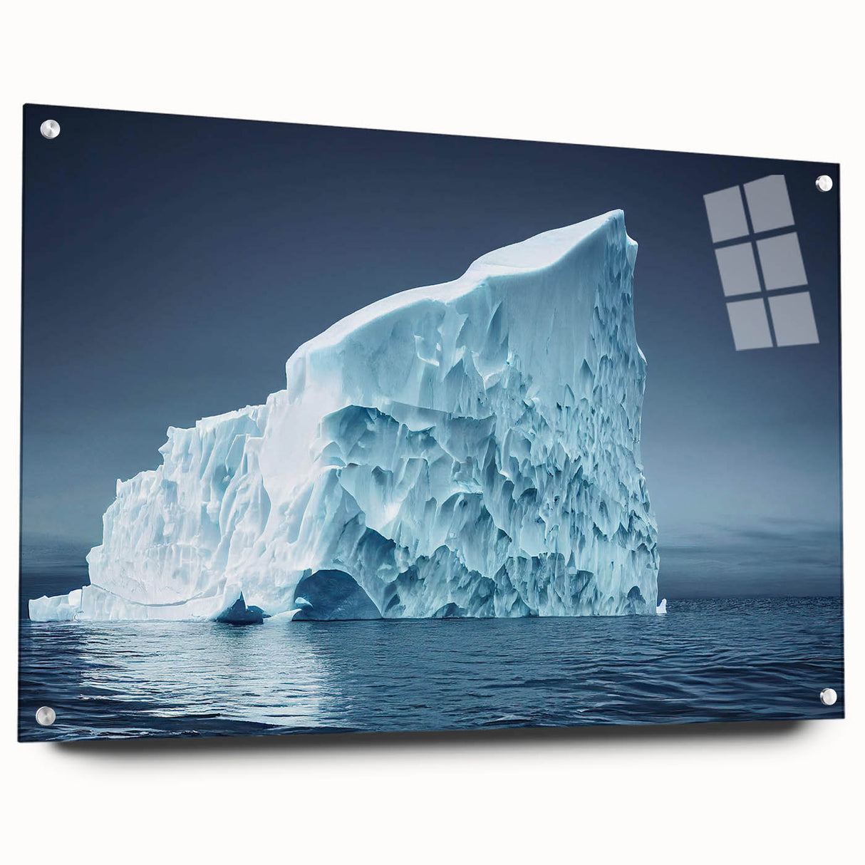 Acrylic glass wall art featuring a side view of a stunning iceberg design, showcasing vibrant colors and intricate details, ideal for modern home decor.