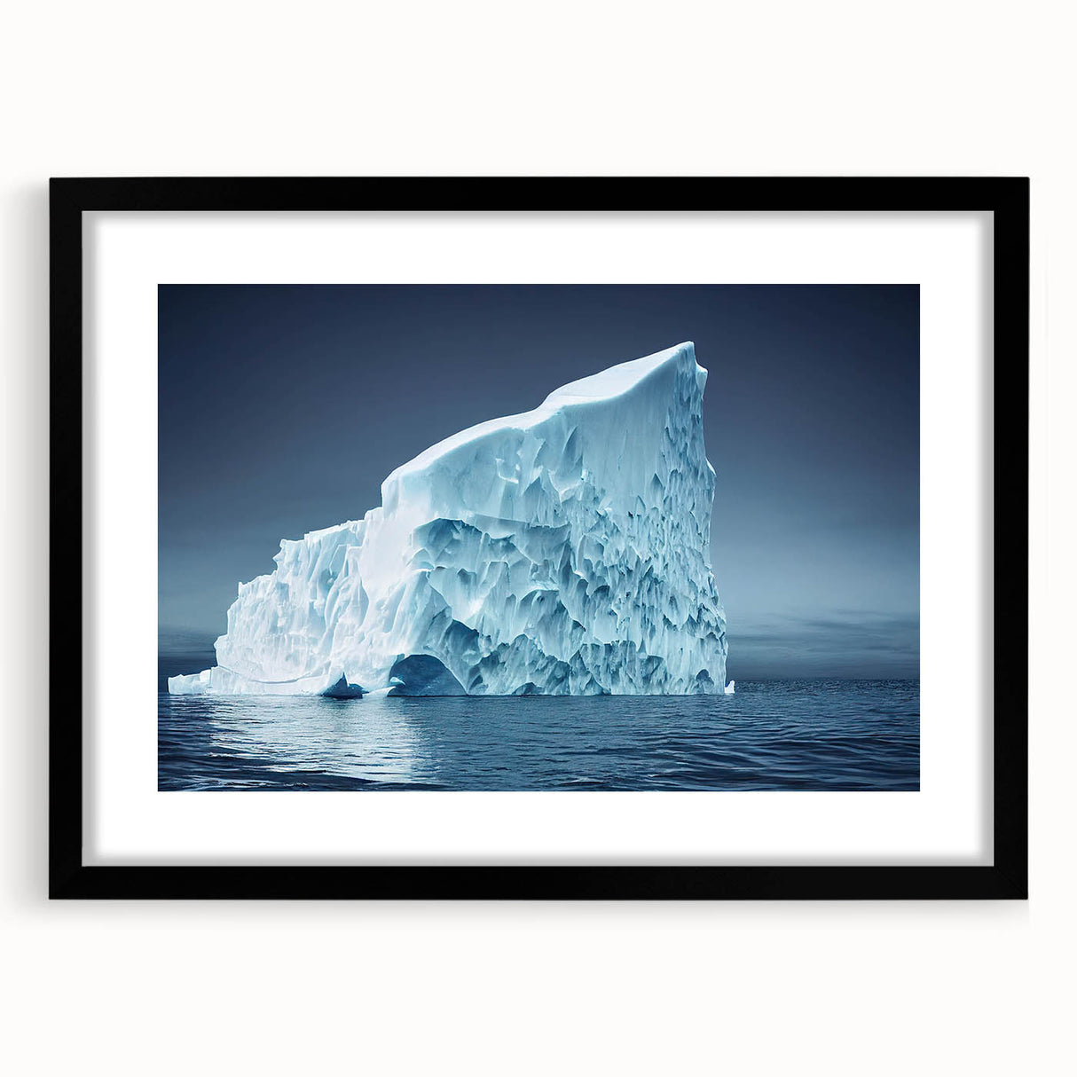 Framed landscape wall art featuring a stunning iceberg design, with a sleek black frame and mat, perfect for modern home decor to enhance any living space.