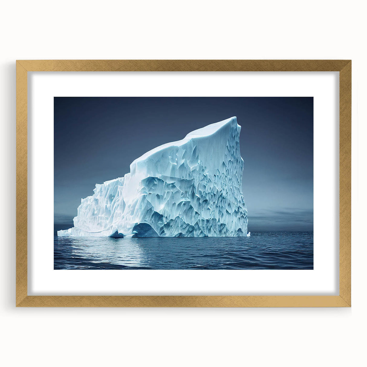 Framed landscape wall art featuring a stunning iceberg design with a gold mat, showcasing vibrant blues and whites, perfect for enhancing modern interiors.