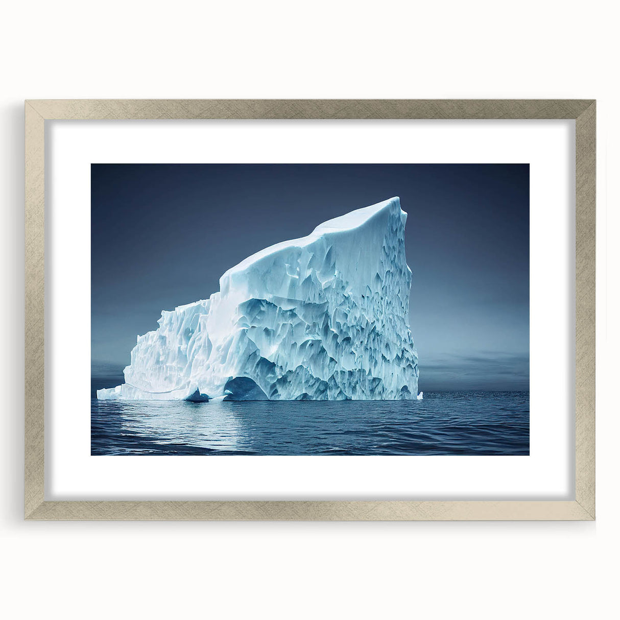 Framed wall art featuring a stunning iceberg landscape design with a silver mat, showcasing cool blue and white tones, ideal for modern home decor.