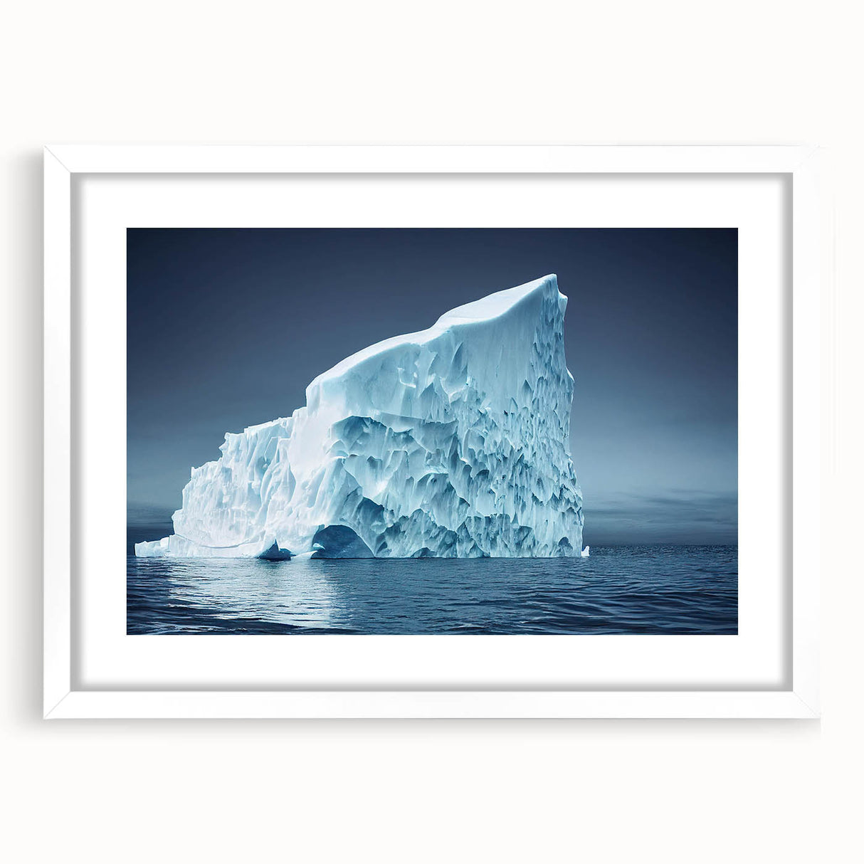 Framed wall art showcasing a stunning iceberg landscape design with a white mat, perfect for modern home decor. Ideal for adding a serene touch to any room.
