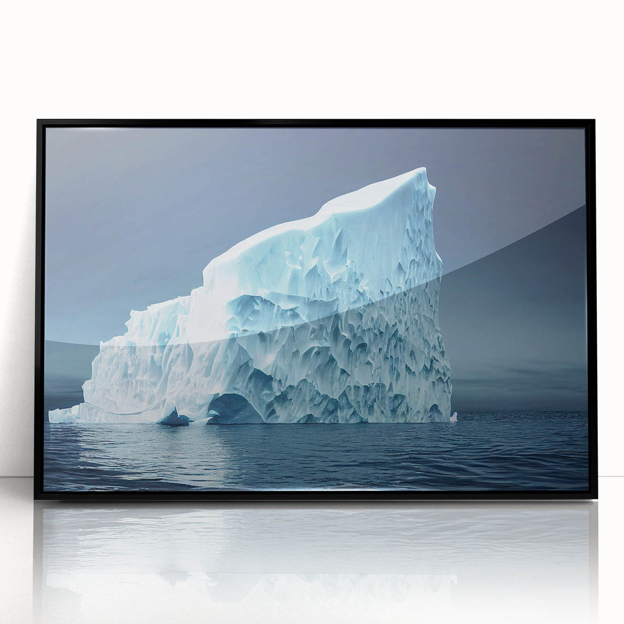 Framed acrylic wall art featuring a vibrant iceberg landscape design, showcased in a sleek black frame, ideal for modern home decor and art enthusiasts.