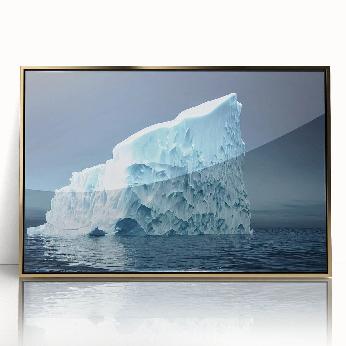Framed acrylic wall art showcasing a stunning iceberg landscape design with gold accents, perfect for modern home decor. Emphasizes cool colors and serene beauty.