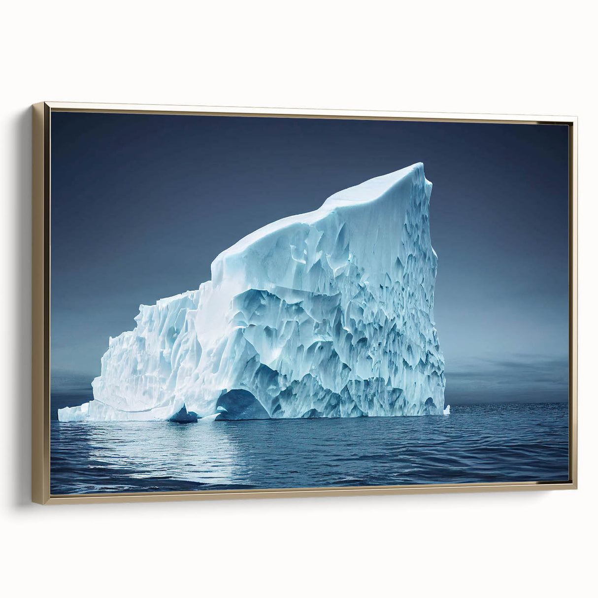 Framed canvas wall art showcasing a stunning iceberg landscape design with a gold border, ideal for modern home decor. The piece adds elegance and tranquility to any room.