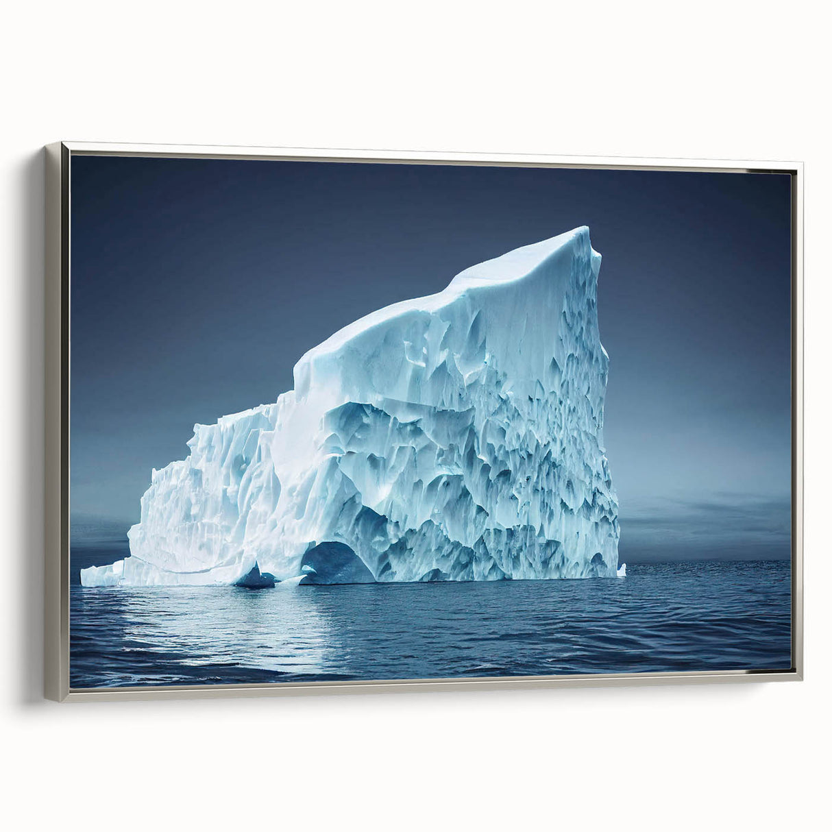 Framed canvas artwork showcasing a striking iceberg landscape design with silver accents, adding a modern touch to home decor. Perfect for nature lovers and art enthusiasts, this piece brings a serene vibe to any room.