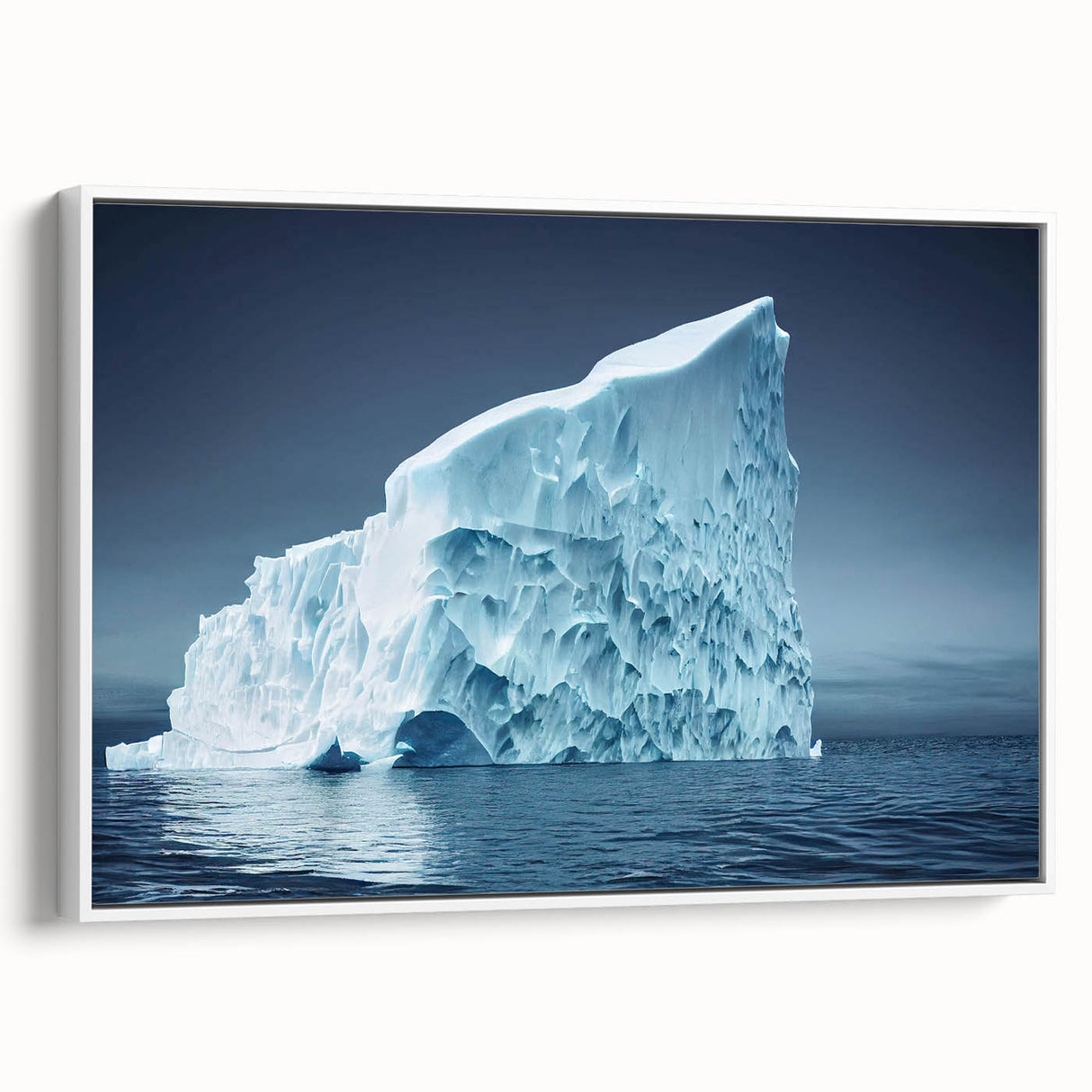 Framed canvas wall art featuring a stunning iceberg landscape design with soft blue and white hues, showcasing serene natural beauty ideal for home decor.