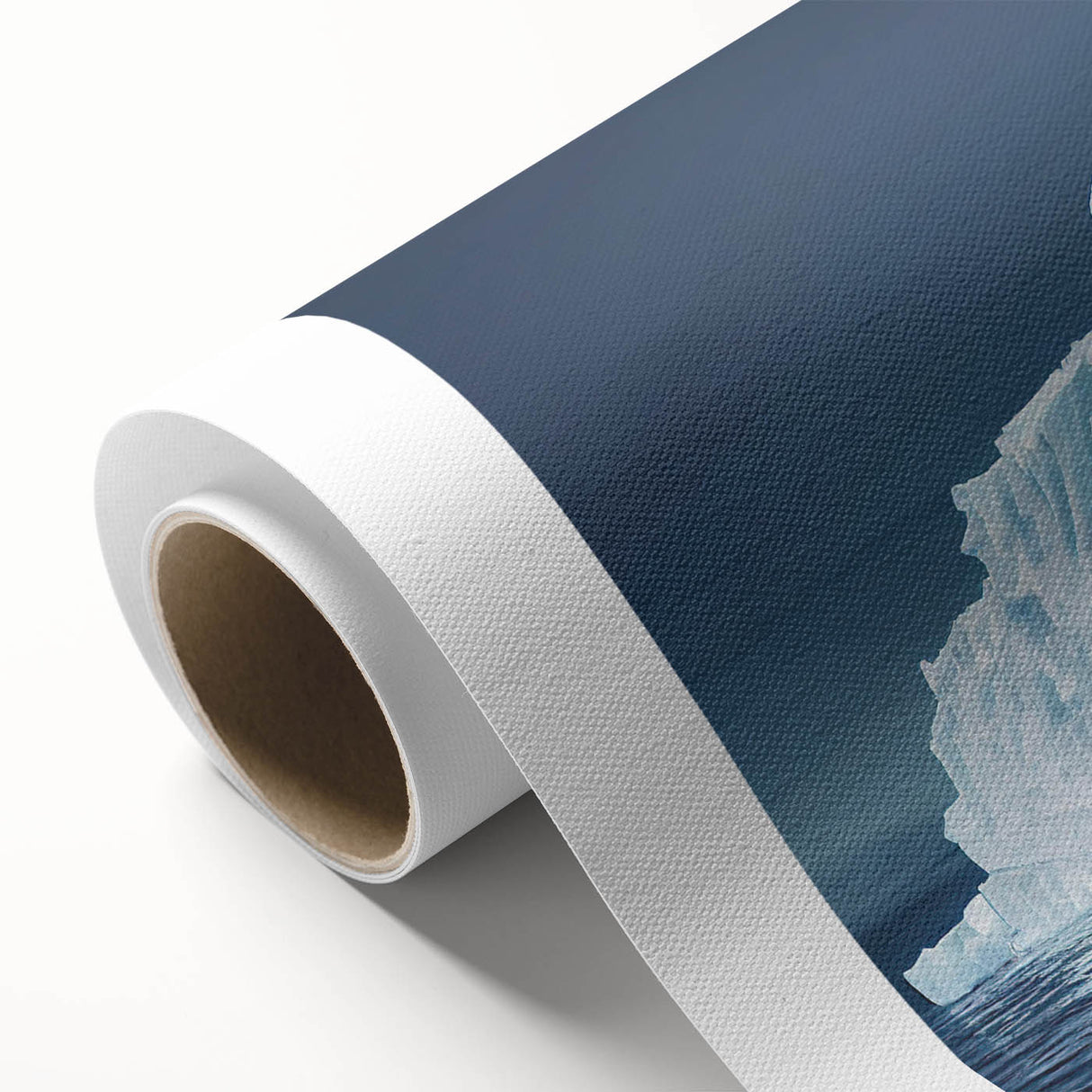 Stunning rolled canvas artwork showcasing a vibrant iceberg landscape design, featuring cool blue tones and intricate details, perfect for modern home decor.