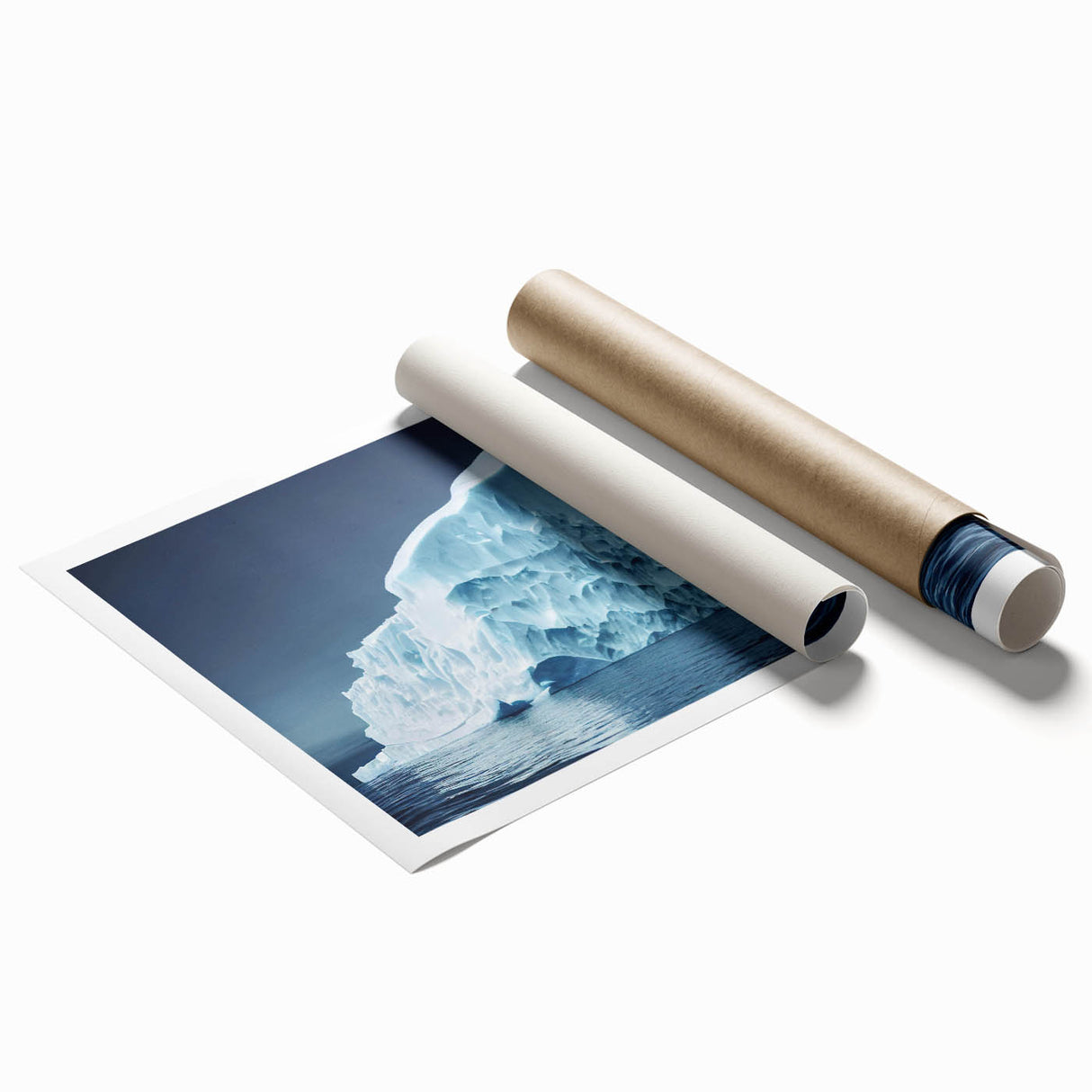 Stunning rolled print of iceberg landscapes captured in vibrant blues and whites, showcasing intricate details and textures, perfect for modern home decor.