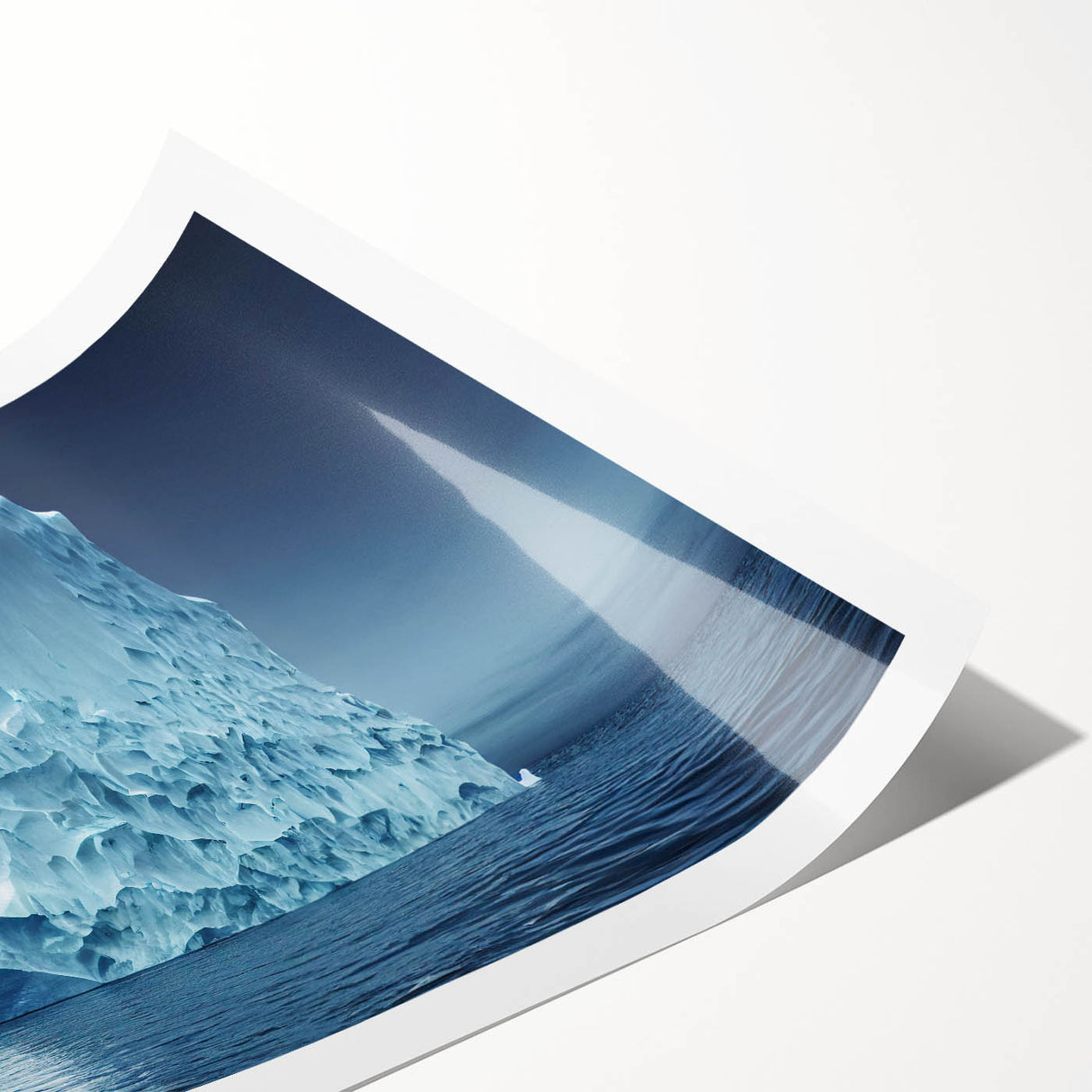 Stunning rolled print showcasing a vibrant iceberg landscape design, featuring cool blue tones and intricate details, perfect for enhancing modern home decor.