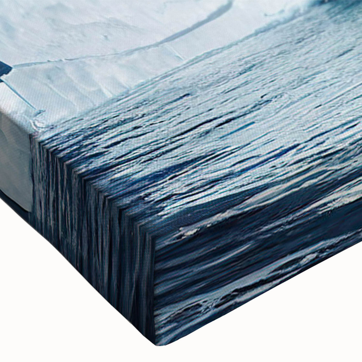 Close-up of a stretched canvas wall art piece showcasing a vibrant iceberg landscape design, featuring cool blue and white hues, perfect for modern home decor.