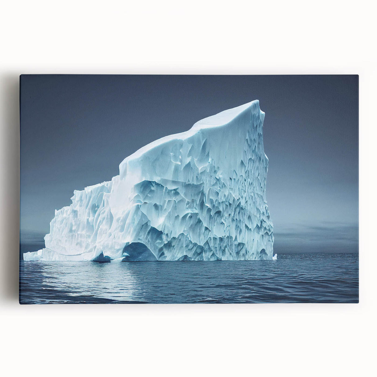 Stretched canvas artwork showcasing a vibrant iceberg landscape design, featuring shades of blue and white with intricate details, perfect for modern home decor.