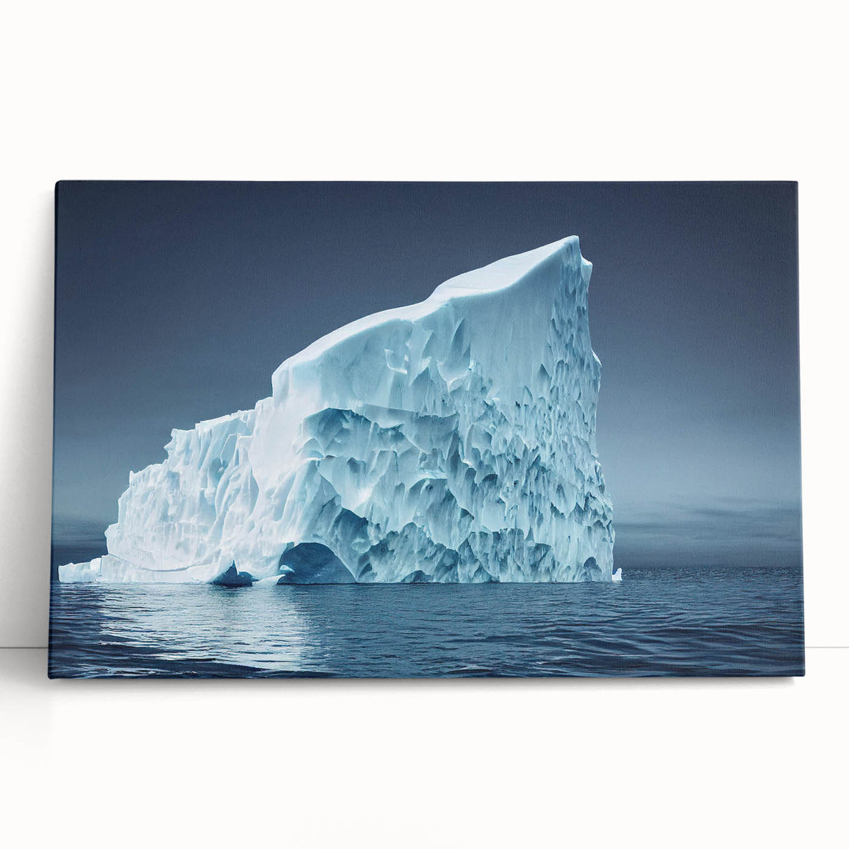 Stretched canvas artwork depicting a serene iceberg landscape, showcasing icy blues and whites, ideal for modern home decor. Perfect for creating a calming atmosphere.