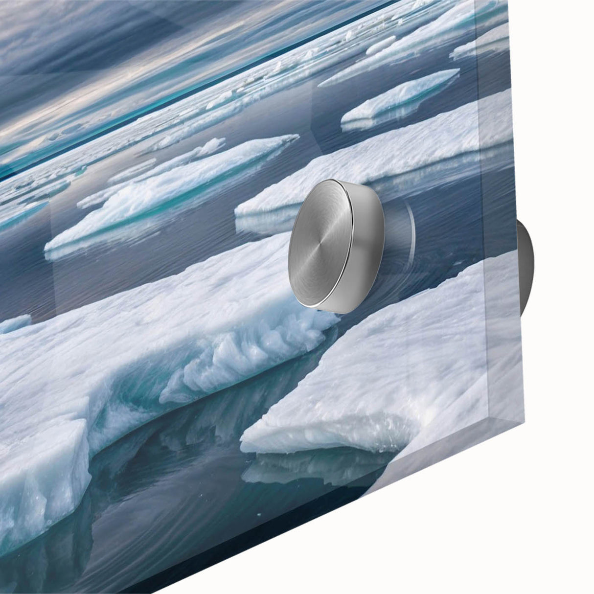Close-up view of a stunning acrylic glass wall art piece showcasing a vibrant iceberg landscape design, highlighting intricate details and vivid colors, perfect for modern home decor.